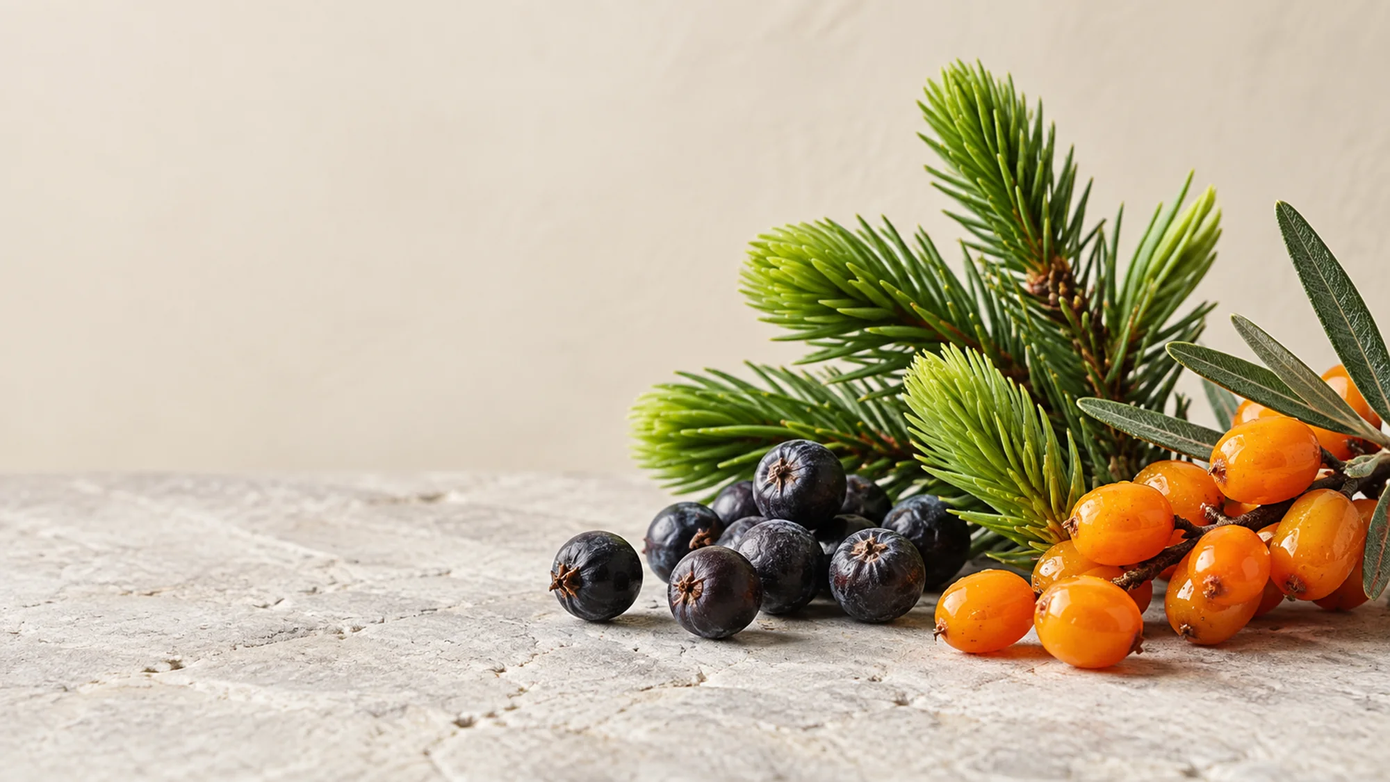 Spruce, juniper and orange sea buckthorn berries arranged on pale stone
